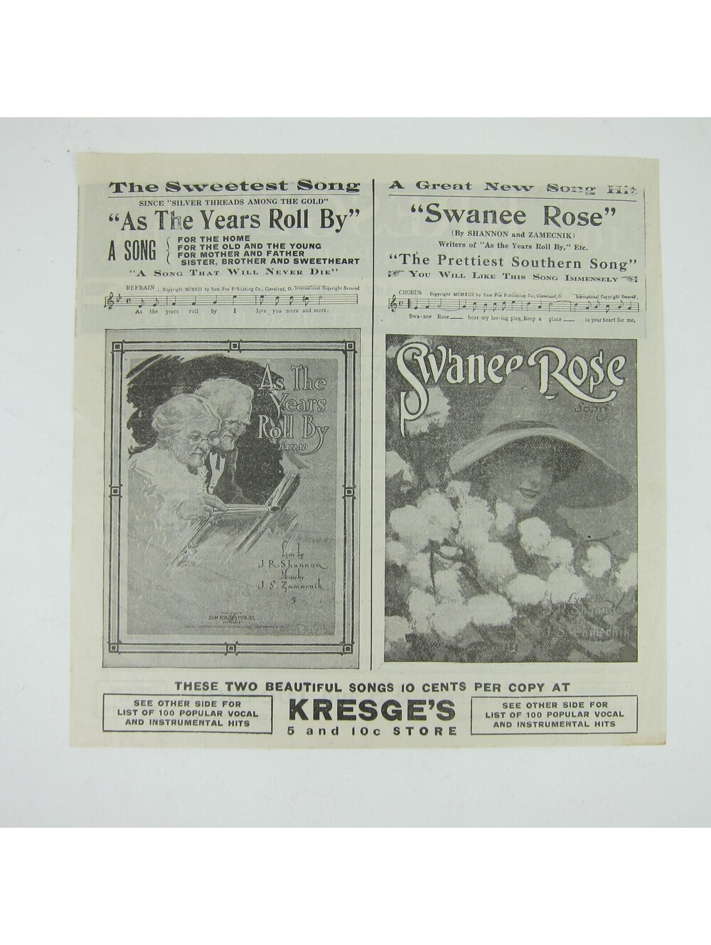 S.S. Kresge Co Detroit Michigan Five & Dime Store Sheet Music Ad Antique 1913